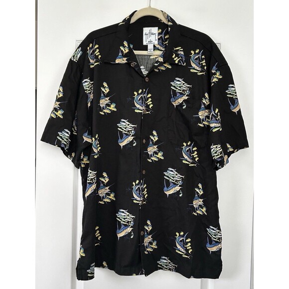 Guy Harvey Aftco Shirt Mens XL Black Bluewater Fish All Over Print Button Up USA - Picture 2 of 7